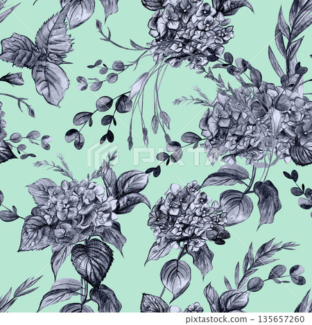 Seamless pattern with black and white hydrangea flowers on a green background Seamless pattern with black and white hydrangea flowers on a green background 135657260