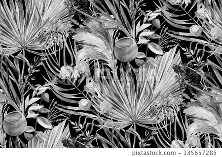 Black and white pattern with watercolor dried flowers for textiles and surface design (3) Black and white pattern with watercolor dried flowers for textiles and surface design (3) 135657285