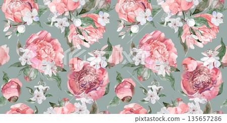 Seamless spring pattern with watercolor peonies and sakura flowers for textiles and surface design Seamless spring pattern with watercolor peonies and sakura flowers for textiles and surface design 135657286