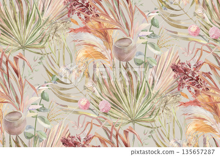 Seamless pattern with painted branches, herbs, and tropical leaves for textiles and wallpaper Seamless pattern with painted branches, herbs, and tropical leaves for textiles and wallpaper 135657287