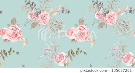 Seamless summer realistic botanical watercolor pattern with delicate roses and dried herbs for textiles and wallpaper Seamless summer realistic botanical watercolor pattern with delicate roses and dried herbs for textiles and wallpaper 135657291