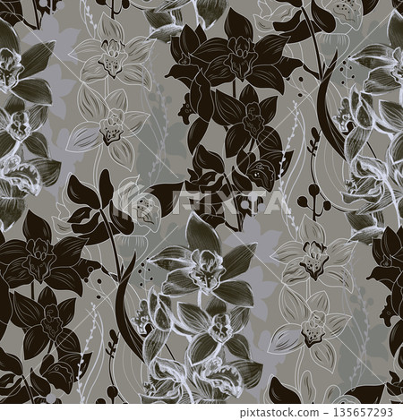 A seamless botanical pattern with silhouettes and designs of orchids in dark shades A seamless botanical pattern with silhouettes and designs of orchids in dark shades 135657293