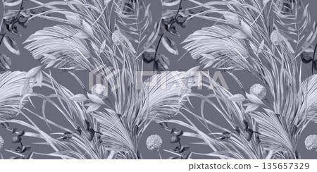 A seamless botanical grey pattern painted in watercolor with plants for textiles 135657329