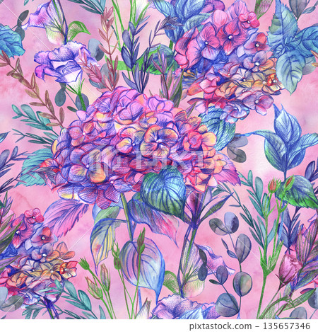 Seamless floral watercolor pattern with large pink hydrangea and herbs Seamless floral watercolor pattern with large pink hydrangea and herbs 135657346