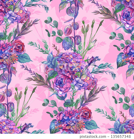 Seamless botanical pattern with a bouquet of hydrangeas and roses with various branches 135657348