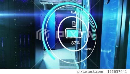 Hovering circular battery gauge showing 82% in data center aisle, with mesh racks, LED lights 135657441