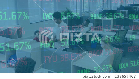Standing male wearing shirt conversing at cubicle workstation with stock ticker overlay on monitors Standing male wearing shirt conversing at cubicle workstation with stock ticker overlay on monitors 135657468