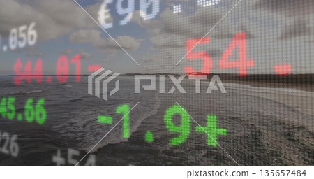 Displaying semi-transparent market overlay streaming over beach at cloudy coast, digital numbers Displaying semi-transparent market overlay streaming over beach at cloudy coast, digital numbers 135657484