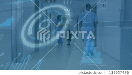 Assisting scrub-clad nurse guiding senior patient down hospital corridor, with digital HUD graphics 135657486