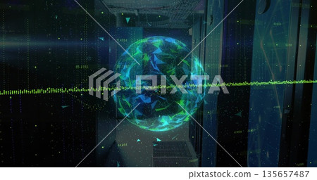 Floating holographic globe pulsing waveform across data center aisle with server racks, data points 135657487