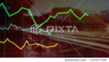 Displaying line graph overlay showing green, light blue, yellow trends on highway with grid lines Displaying line graph overlay showing green, light blue, yellow trends on highway with grid lines 135657509