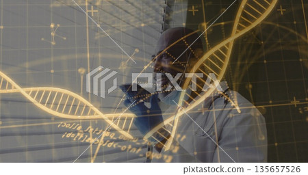 Adjusting mask scientist wearing lab coat and blue gloves in lab, with holographic DNA overlay Adjusting mask scientist wearing lab coat and blue gloves in lab, with holographic DNA overlay 135657526