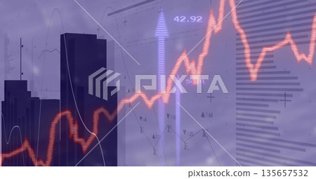 Overlaying red zigzag line graph on city skyline backdrop, with pale blue arrows, numeric labels Overlaying red zigzag line graph on city skyline backdrop, with pale blue arrows, numeric labels 135657532