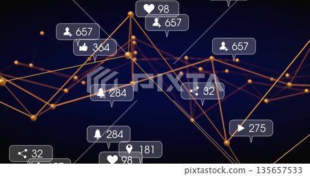 Visualizing golden nodes and thin orange lines in digital abstract space, with social media icons Visualizing golden nodes and thin orange lines in digital abstract space, with social media icons 135657533