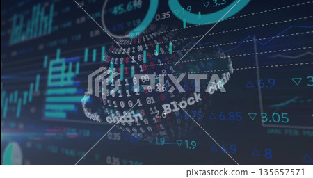 Spinning 3D blockchain sphere on screen, with binary digits, Block chain text, charts and graphs Spinning 3D blockchain sphere on screen, with binary digits, Block chain text, charts and graphs 135657571