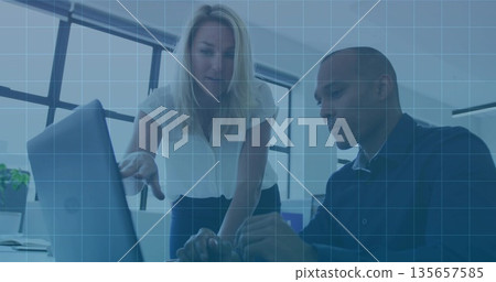 Collaborating colleagues in office attire pointing at laptop and typing in office, with plant 135657585