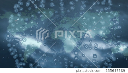 Floating world map over dark blue backdrop, digital icons, network lines, cloud-like light streaks Floating world map over dark blue backdrop, digital icons, network lines, cloud-like light streaks 135657589