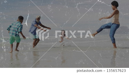 Kicking family splashing shallow water on wet sand at beach, with distant shoreline Kicking family splashing shallow water on wet sand at beach, with distant shoreline 135657623