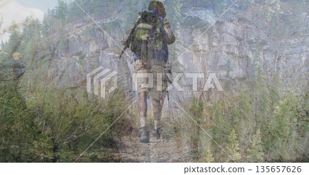 Walking adult hiker navigating trail through mountain forest, carrying green backpack and poles Walking adult hiker navigating trail through mountain forest, carrying green backpack and poles 135657626