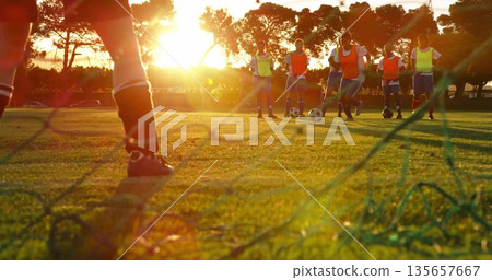 Standing goalkeeper wearing neon bib on field at sunset, with goal net, soccer balls, copy space 135657667