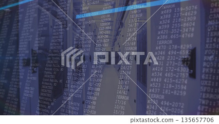 Displaying server racks revealing network switches, blinking LEDs in IT corridor with error overlay Displaying server racks revealing network switches, blinking LEDs in IT corridor with error overlay 135657706