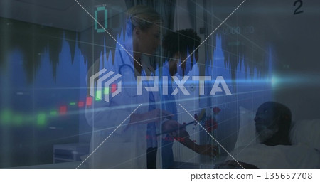 White coat doctor, nurse in scrubs attending patient in hospital room with IV drip, digital overlay 135657708