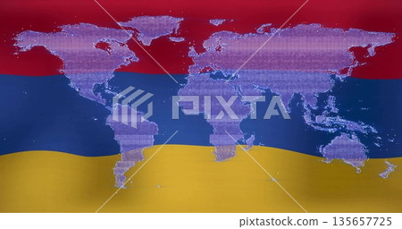 Displaying pixelated world map overlaying tricolor flag stripes in digital art, with fabric texture 135657725