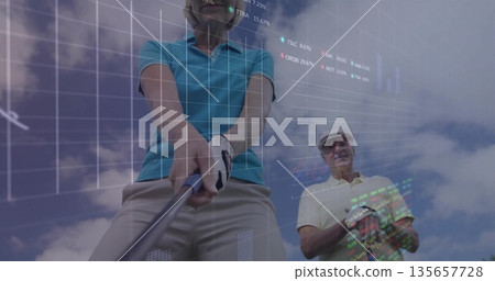 Gripping golf club woman in teal polo preparing swing on course, floating digital financial charts Gripping golf club woman in teal polo preparing swing on course, floating digital financial charts 135657728
