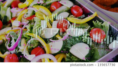 Displaying metal tray holding salad at buffet, with financial candlestick or line chart overlay Displaying metal tray holding salad at buffet, with financial candlestick or line chart overlay 135657730