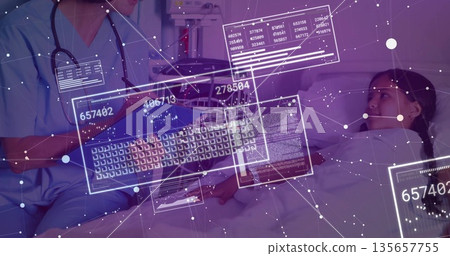Leaning nurse in scrubs holding clipboard over bed in ward, stethoscope, hologram data, copy space 135657755