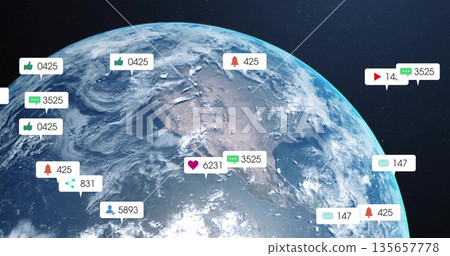 Displaying Earth from orbit, highlighting social media notification icons for global connectivity 135657778