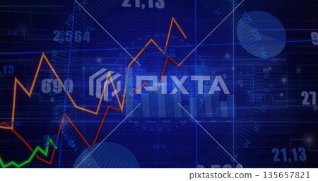 Displaying chart on blue grid with bar graph, orange, red and green lines, numeric labels, circles Displaying chart on blue grid with bar graph, orange, red and green lines, numeric labels, circles 135657821
