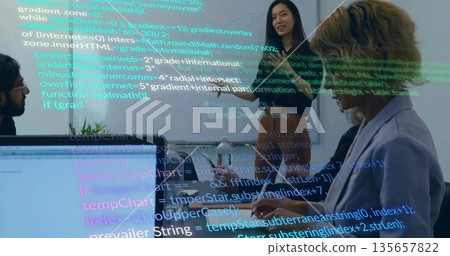 Presenting mid adult Indian woman demonstrating code in meeting room, with laptops and projector 135657822