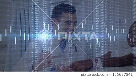 Leaning doctor with stethoscope clasping patient's hands at clinic desk with chart data overlay 135657841