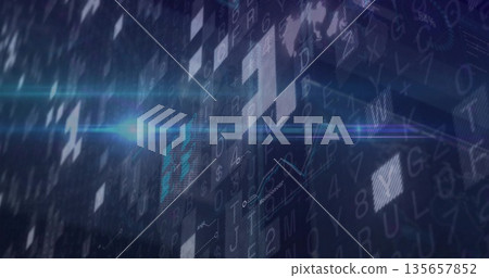 Displaying digital data grid in virtual environment with translucent squares and characters 135657852