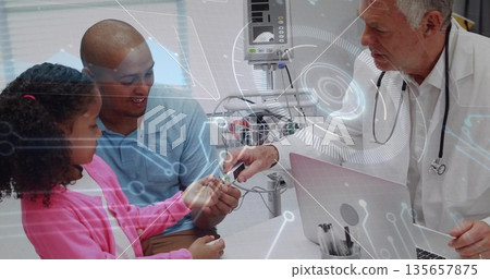 Consulting doctor measuring child's fingertip with sensor at clinic desk using digital interface 135657875