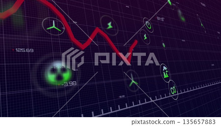 Displaying red jagged trendline rising at dashboard grid, showing energy icons numeric indicators Displaying red jagged trendline rising at dashboard grid, showing energy icons numeric indicators 135657883