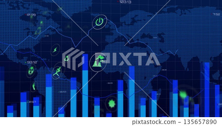 Displaying data dashboard showing world map grid, bar and line charts, green energy icons, labels 135657890
