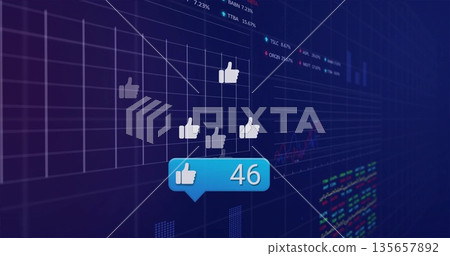 Floating thumbs-up icons with blue like bubble showing 46 moving over data grid, colored charts 135657892