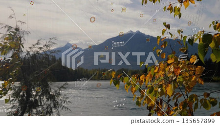 Rippling river at mountainside with digital overlay, autumn foliage on right, copy space Rippling river at mountainside with digital overlay, autumn foliage on right, copy space 135657899