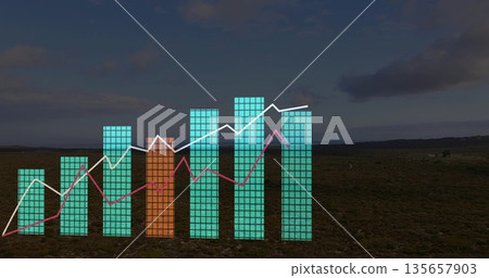 Displaying data chart overlay tracing trends over scrubland plain, with bar charts and line graphs 135657903