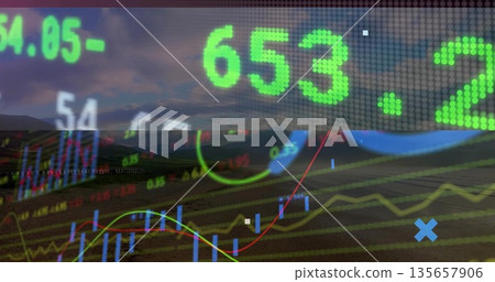 Blending market charts over rural farmland at dawn, with numeric tickers and candlestick bars Blending market charts over rural farmland at dawn, with numeric tickers and candlestick bars 135657906