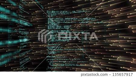 Displaying central code panel projecting colorful data flow in virtual tunnel, with light streaks 135657917