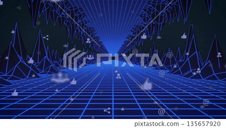 Displaying neon-blue wireframe tunnel converging at data space, with floating social media icons Displaying neon-blue wireframe tunnel converging at data space, with floating social media icons 135657920