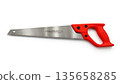 Bright Red Hand Saw with Silver Blade on White Background 135658285