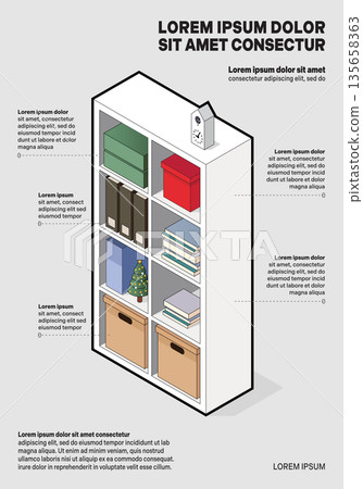 Infographic of isometric shelves with books and objects decoration. 135658363