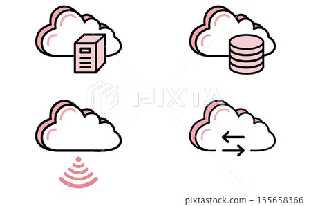代表雲端運算的伺服器和資料通訊圖示集插圖 135658366