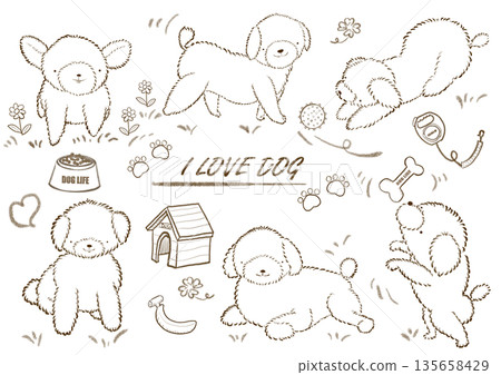 黑白插圖,描繪了各種姿勢的狗狗 黑白插圖,描繪了各種姿勢的狗狗 135658429