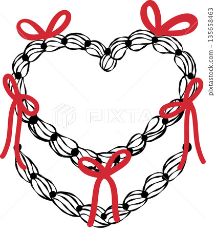 Vintage heart shape cake white and black outline with red bow whimsical hand drawn doodle. Vintage heart shape cake white and black outline with red bow whimsical hand drawn doodle. 135658463
