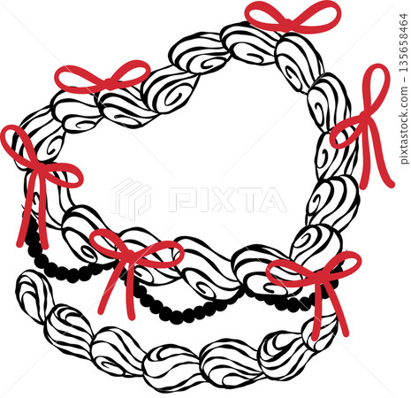 Vintage heart shape cake white and black outline with red bow whimsical hand drawn doodle. Vintage heart shape cake white and black outline with red bow whimsical hand drawn doodle. 135658464